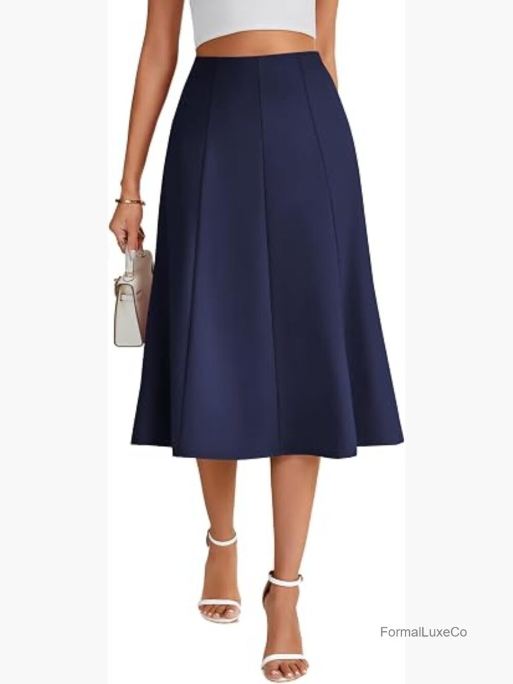High Waisted A-Line Midi Skirt Flowy Pleated Work Skirt